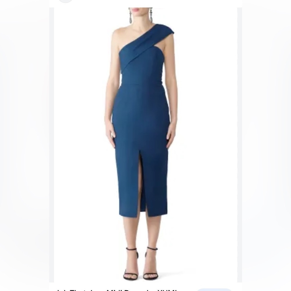 Yum KimThat One Shoulder Midi Dress  Medium Navy Front slit Body-con Style